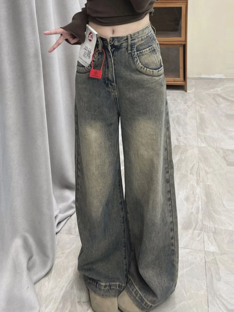 

HOUZHOU American Vintage High Waist Wide Leg Jeans Women Washed Straight Baggy Denim Pants Basic Casual Trousers Autumn New