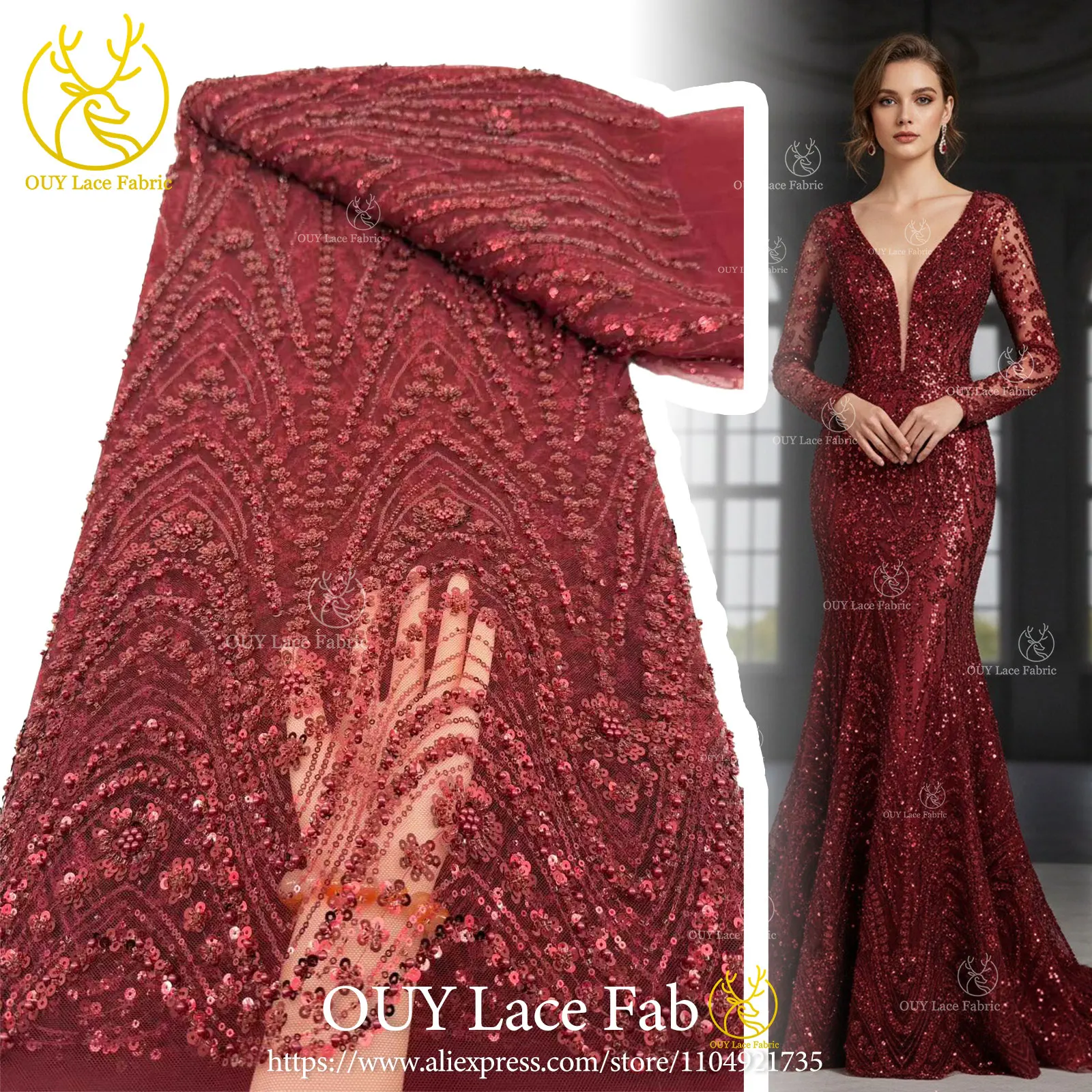 Green African Beaded Lace Fabric 2026 Wholesale Hot Sale in Nigeria Sequin Lace Fabric Lace Fabric for Women's Party Dresses 5Y