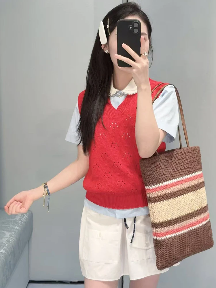 

Весенне-летние модные красные хлопковые вязаные повседневные универсальные пуловеры для женщин: топы без рукавов с V-образным вырезом и ажурной отделкой, однотонные