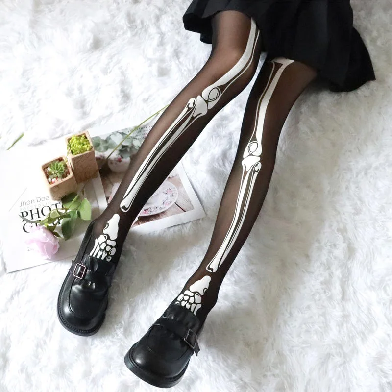 Halloween Black Skull Print Tights Stockings Sexy Women Pantyhose Leggings for Cosplay Club Party Harajuku Style Accessories