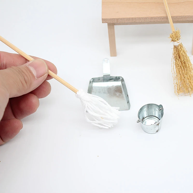 1/12 Dollhouse Broom Dustpan Mop Metal Pail Kit Dollhouse Mini Cleaning Tool Accessories Dolls House Decor Pretend Play Toy