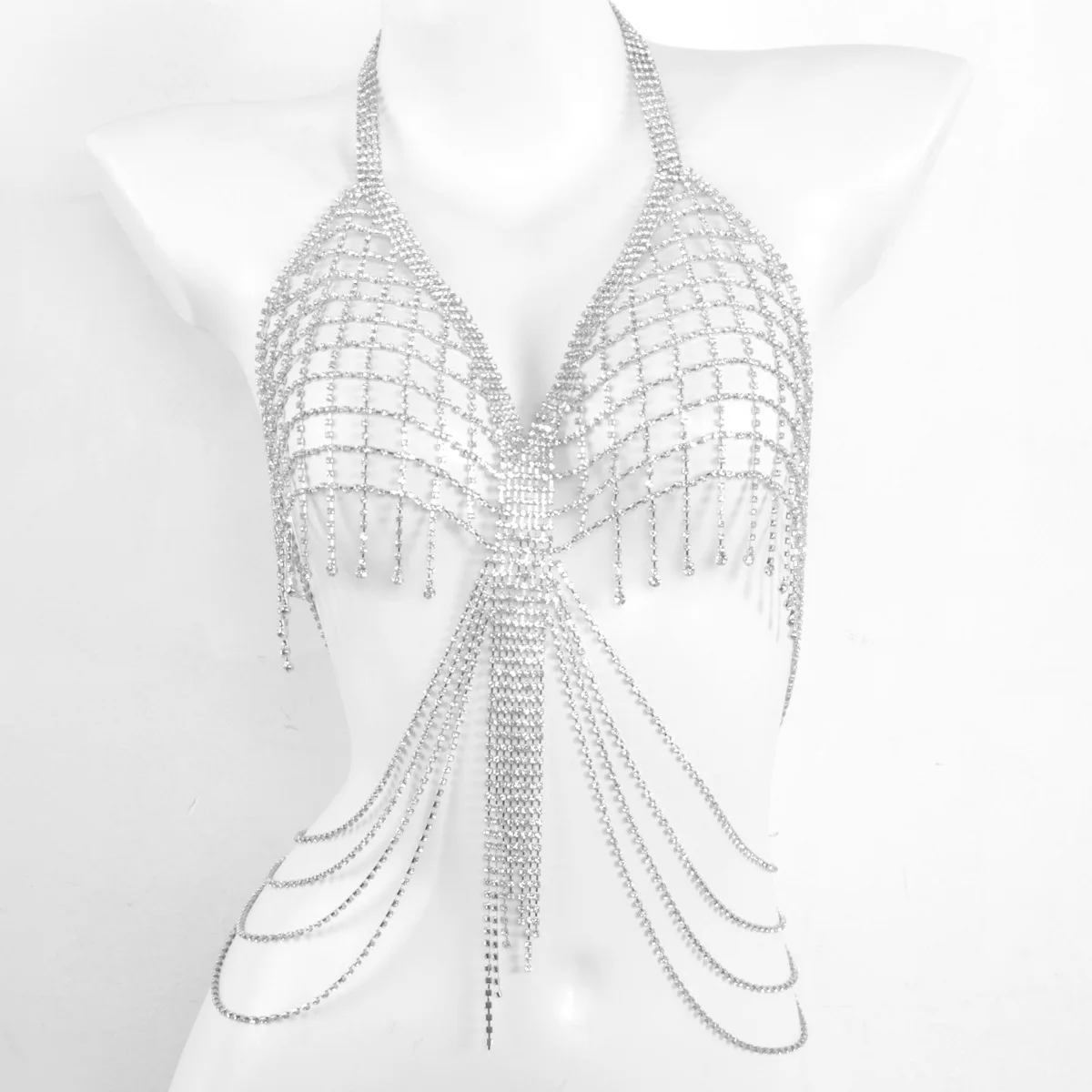 Sexy Neck Hanging Out Style Long Tassel Mesh Rhinestone Chest Chain Nightclub Women\'s Body Chain Jewelry