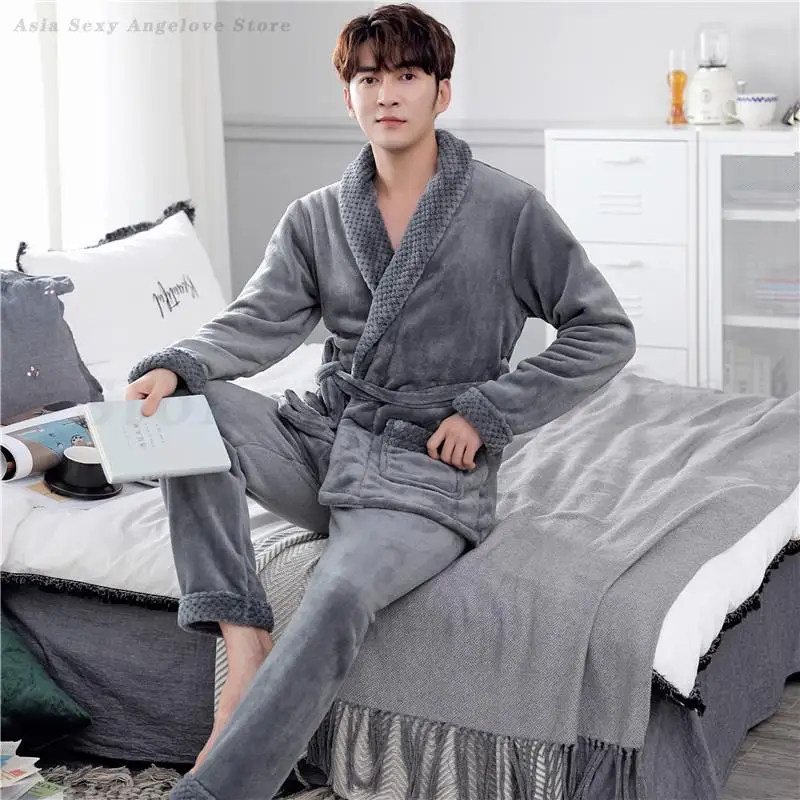 

Big Size 3XL Men Flannel Pajamas Set Thick Warm Sleepwear Winter Coral Fleece Casual Robe&Trouser Loungewear Nightwear Home Wear