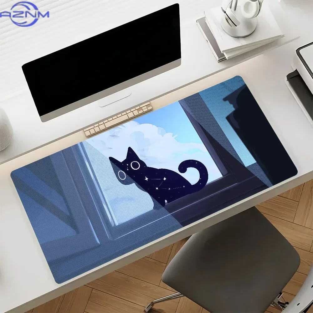 Black Cat Silhouette Window Scene Large Mouse Pad, Blue Sky Cloud Non-Slip Lock Edge Desk Mat