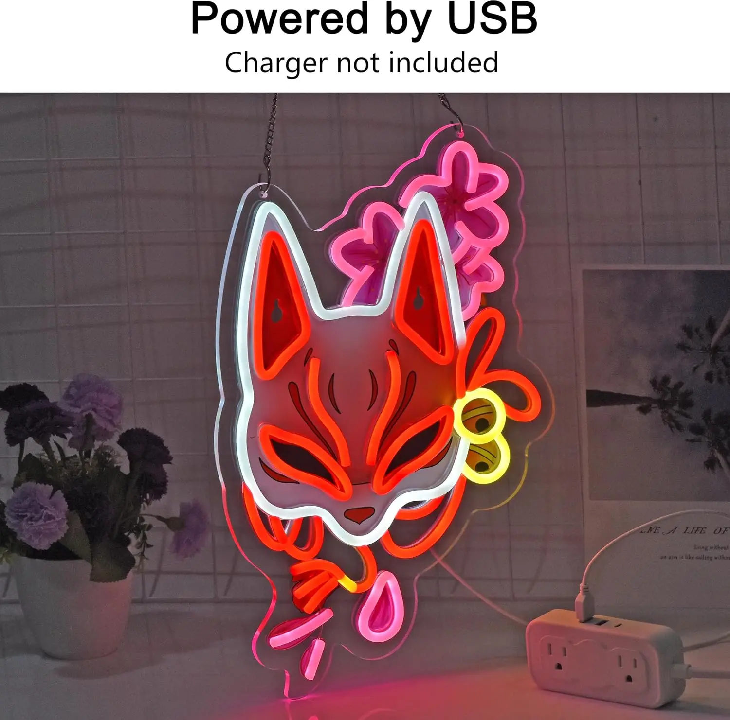 Fox Mask Neon Sign Light Wall Art Decor for Japanese Restaturant Shop Bar Market Bakery Café Celebration Home Decor USB Dimmable