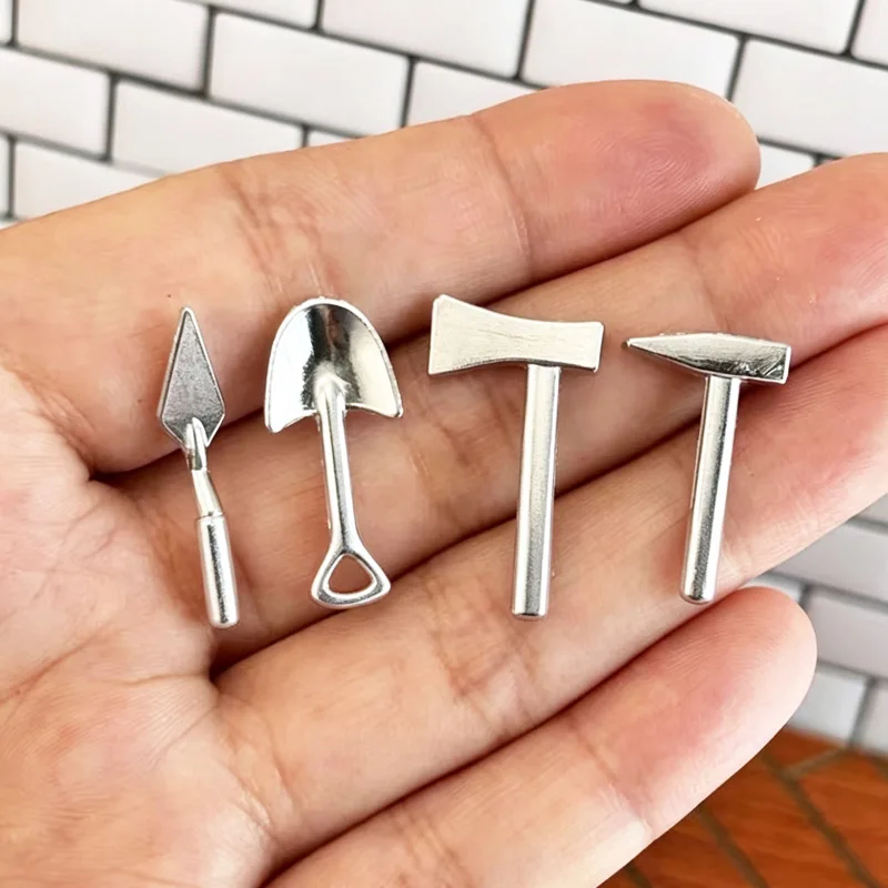 4pcs Mini Alloy Tool Set Axe Shovel Hammer Model Miniature DIY Dollhouse Outdoor Scene Doll Accessories Desktop Decor