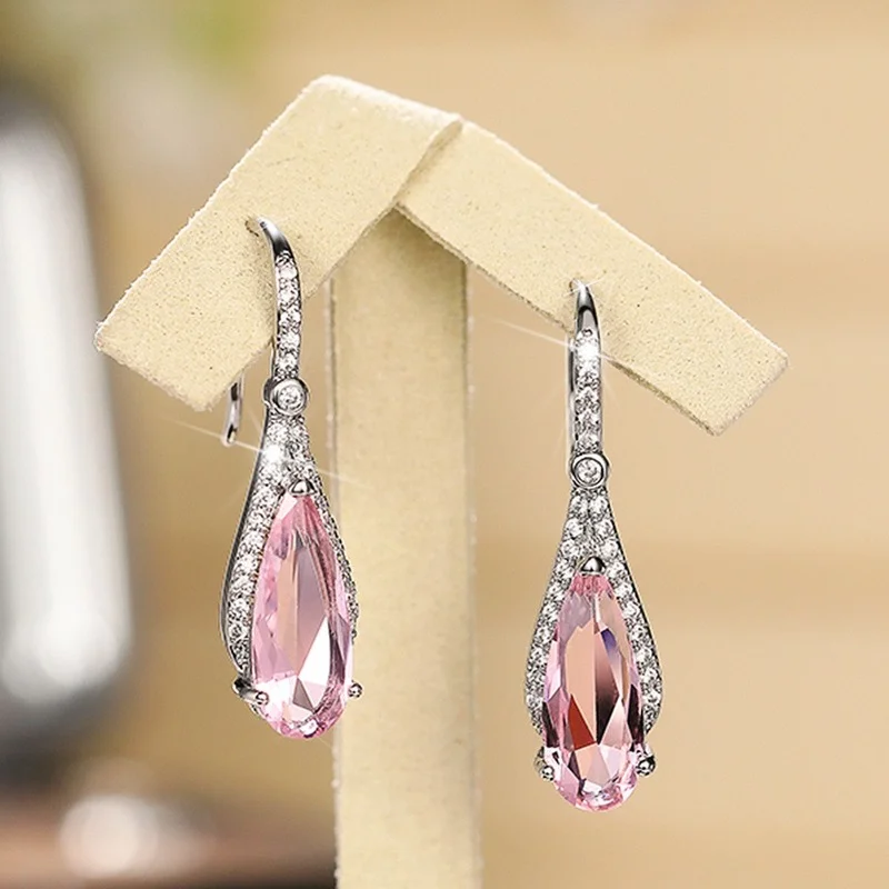 Luxury Pink CZ Pear Shaped Zircon Drop Earrings for Women Wedding Engagement Accessories Luxury Jewelry