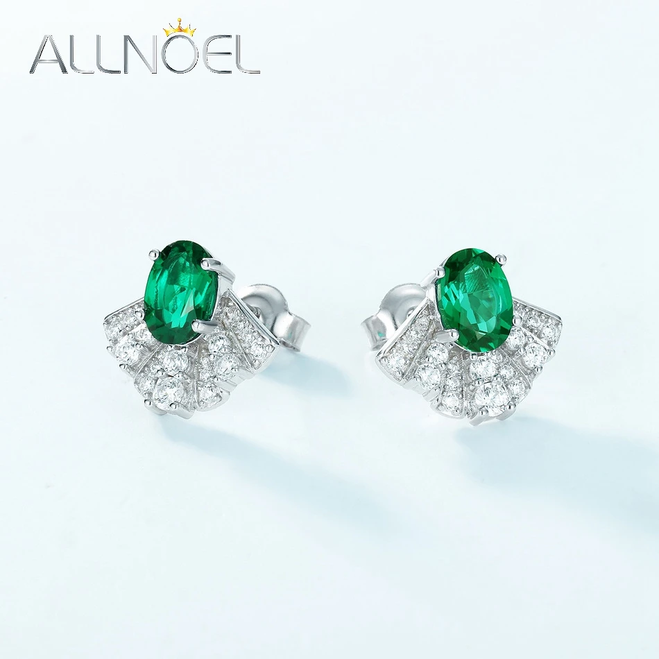 ALLNOEL 925 Sterling Silver Animal Moth Stud Earrings for Woman Inlaid Oval Lab Grown Emerald 5*7mm Certified Jewelry Wholesale