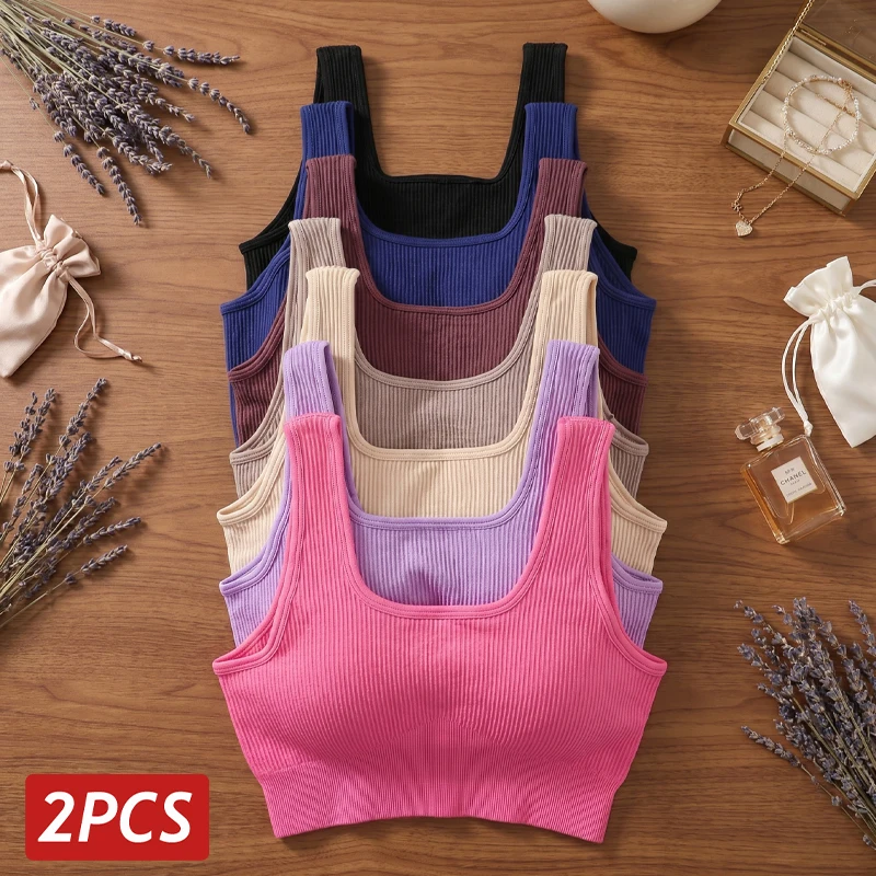 2Pc Women Seamless Yoga Tank High Elastic U-Back Sleeveles Top Sports Gym Clothes Slim Liffter Ribbed Crop Top Ribbed Lingerie