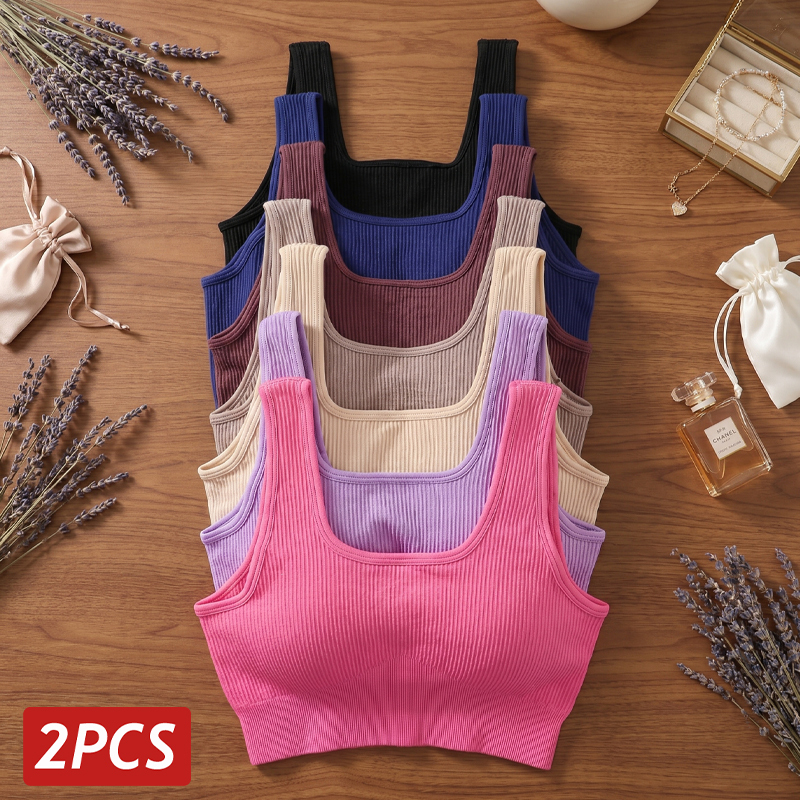  2Pc Women Seamless Yoga Tank High Elastic U-Back Sleeveles Top Sports Gym Clothes Slim Liffter Ribbed Crop Top Ribbed Lingerie 