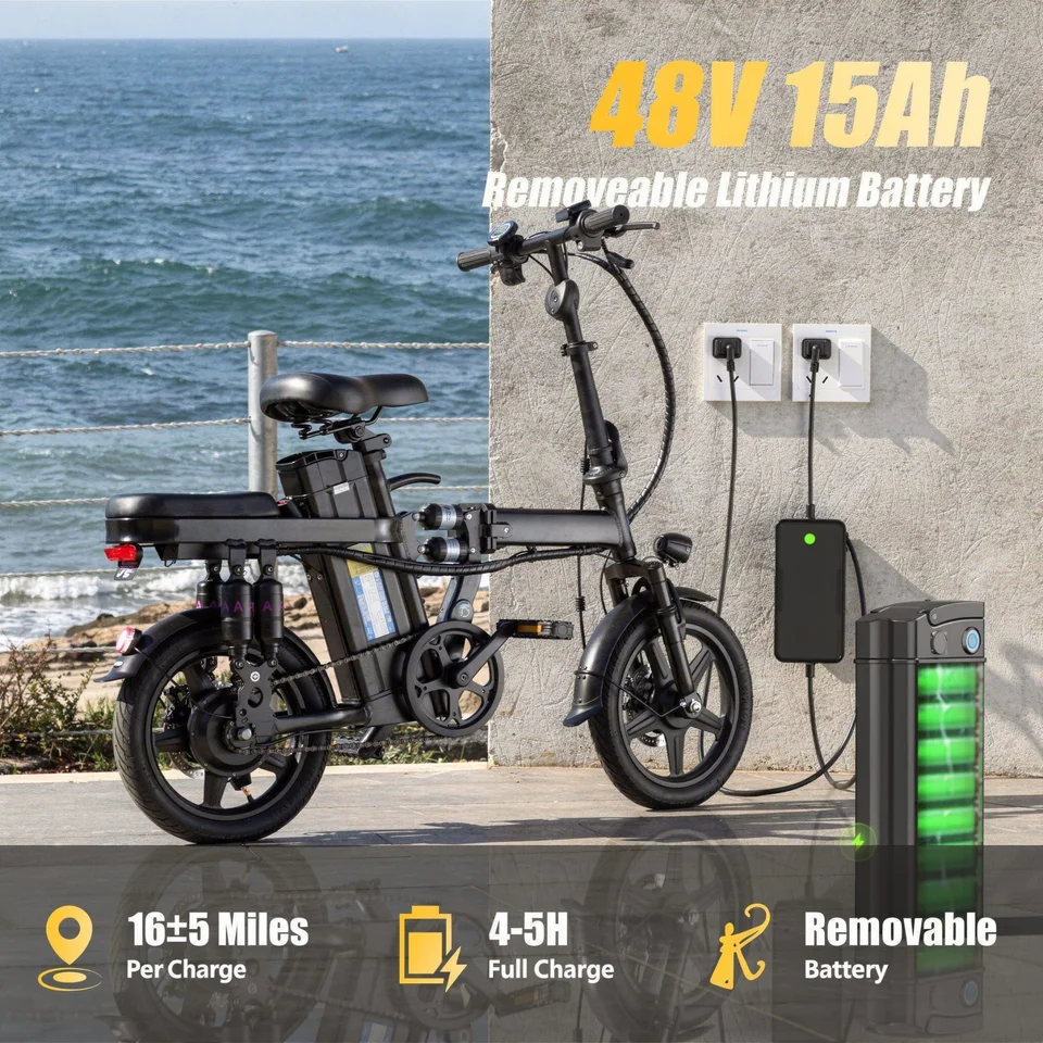 Foldable electric bicycle for adults, equipped with 14-inch tires, featuring 8 shock absorbers, a 500W motor power, a 48V 15Ah c image 5