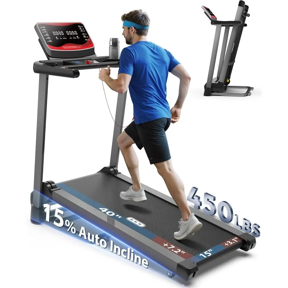 

15% Auto Incline Treadmill with 450 LB Capacity, 0.5-10 MPH Speed, Foldable, 47.2x18.1 Belt, APP, Speaker Controls
