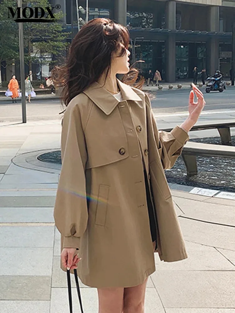 [MODX]  Khaki Asymmetric Casual Trench Women New Lapel Long Sleeve Loose Fit Windbreaker Fashion Tide Spring Autumn 2024