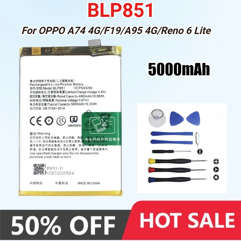 

New 5000mAh BLP851 Replacement Battery for OPPO A74 4G/F19/A95 4G/Reno 6 Lite CFH2365 CHP2365 CPH2219 Mobile Phone Batteries