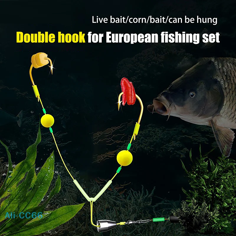 【C】1Pc Double Hook Fishing Hair Rigs Hook Reverse Bottom Line Suspension Carp Fishing Hook Ready Made Anti Bottom Carp Rigs