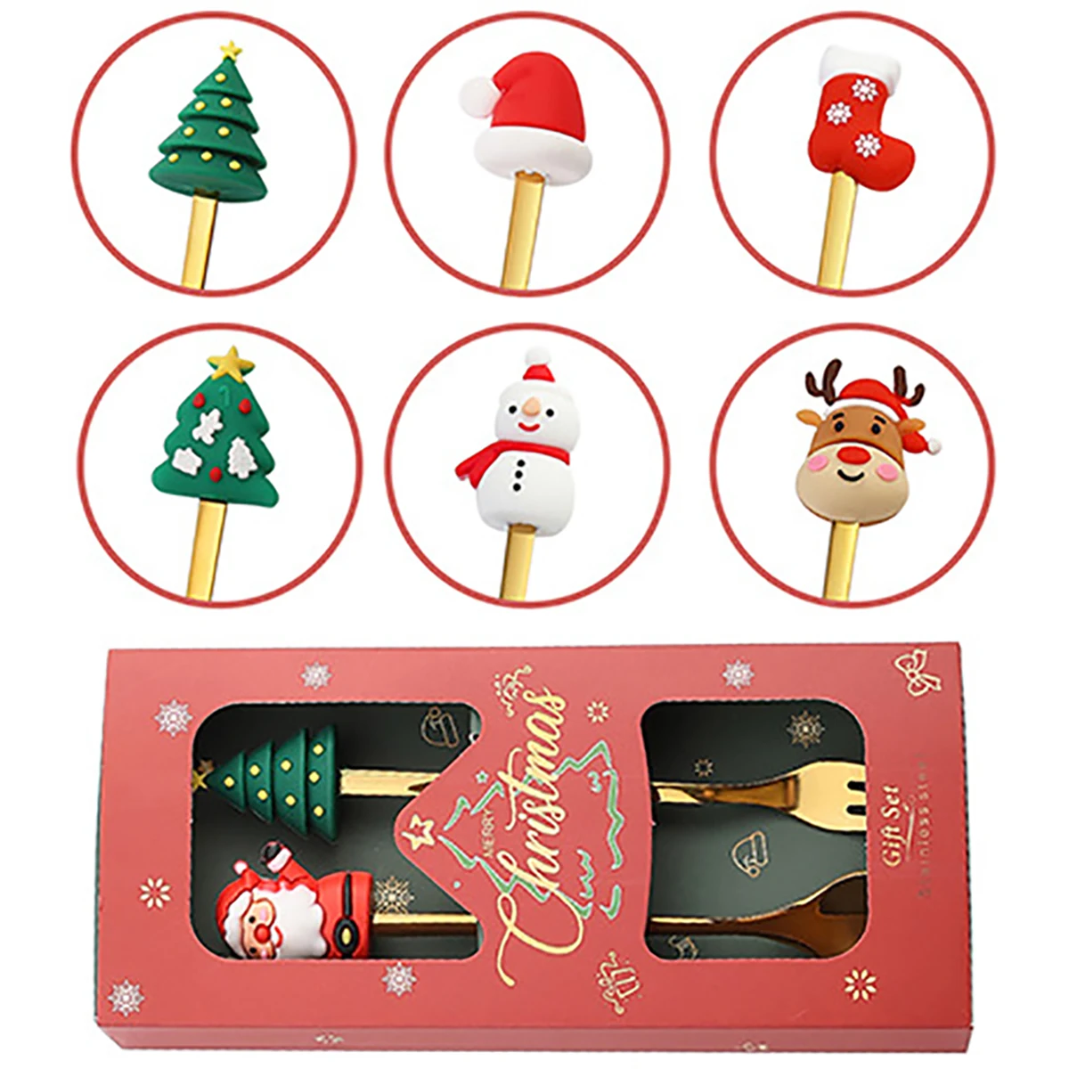 2Pcs Christmas Theme Dinnerware Set with Gift Box Elk Deer Christmas Hat Tree Fork Spoon Cutlery Set Stainless Steel Tableware