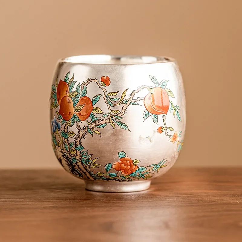 1Pc 100ML Nine Peach and Five Blessings Meditation Cup Tea Tasting Cup Hand Painted 999 Lver KungFu Teacup High-end Personal Cup