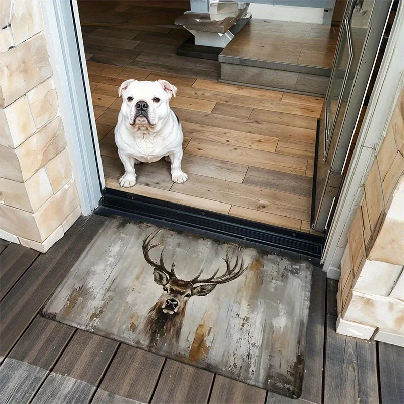 Vintage Stag Head Doormat Rustic Wood Print Rug Non-slip Floor Mat for Entrance Living Room Bedroom Home Decor Carpet