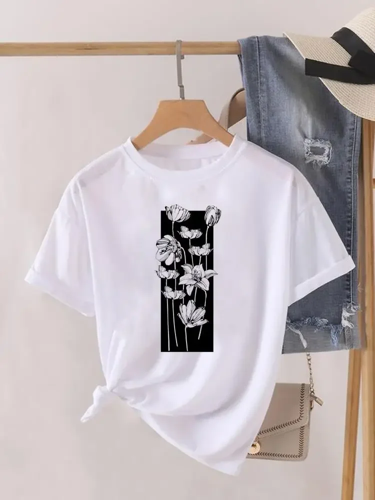 Flower Style Trend Cute Short Sleeve Print Fashion Graphic T-shirt Women Top Lady Female Shirt Tee O-neck Clothing Clothes image 5