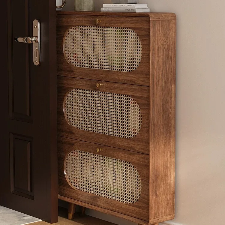 

Ultra-thin tipping bucket shoe cabinet Chinese retro rattan weaving new 2025 entrance narrow cabinet household door solid wood