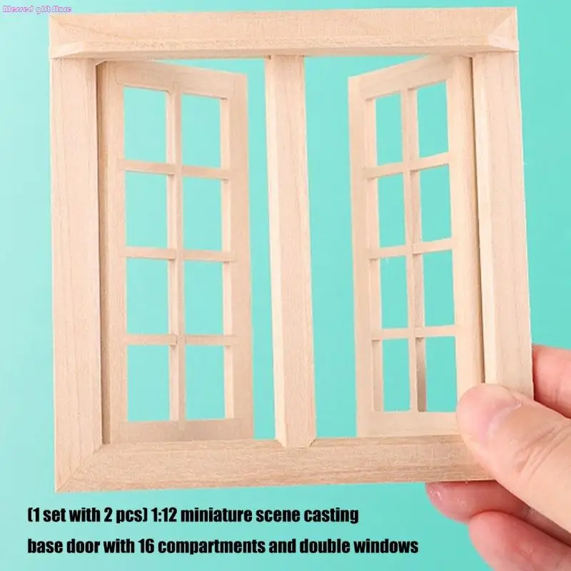 D0JC 未完成木製両開き窓アセンブリキット 2 個ドールハウスディスプレイ用