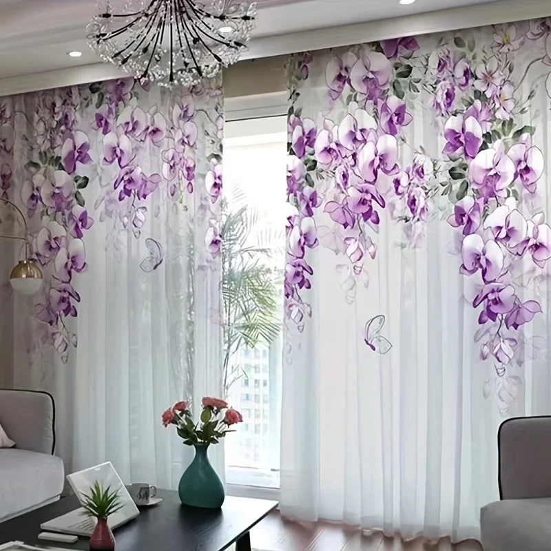 

2pcs Floral Print Sheer Yarn Curtain, Window Treatment For Bedroom Office Kitchen Living Room Study Home Decor Window Treatments