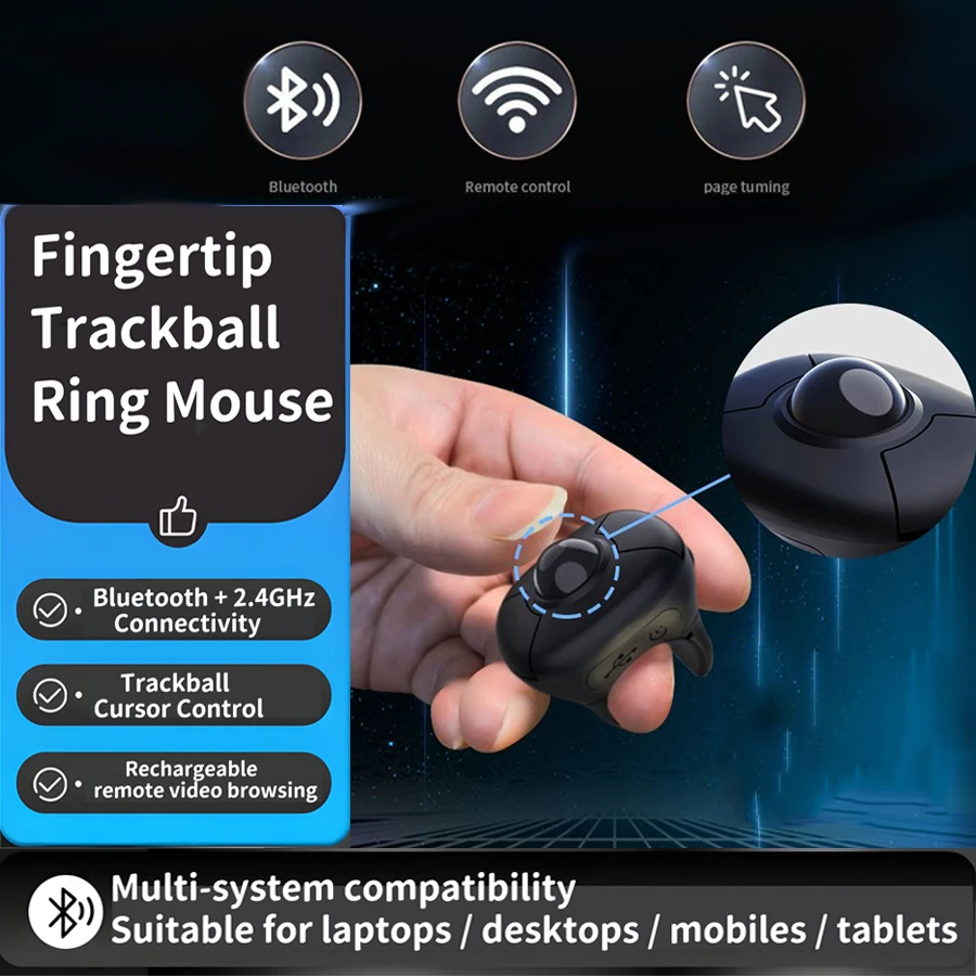Fingertip Trackball Ring Mouse Dual-mode 2.4G+Bluetooth Remote Control Mice For Short Video/PPT Speech/In-Vehicle Display Screen