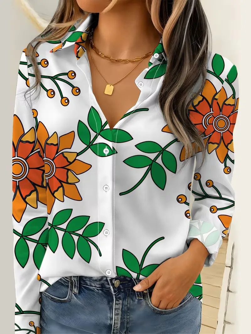 Women 2026 Long Sleeve Shirt Fashion Elegant Floral Printing Blouse Elegant Graphic Casual Daily Wear Spring Autumn Blouse Tops