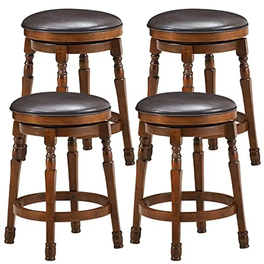 Swivel Barstools Set of 4 Counter Height Backless Sturdy Solid Wood Chairs 24-Inch Round Seat with Soft Faux Leather 360°