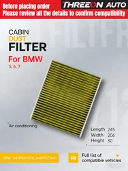 For BMW 5 (F07 F10 F11) 6(F12 F13 F06) 7(F01 F02 F03 F04) THREEON Activated Carbon Cabin Air Filter MK8020 64119272642 CF11220