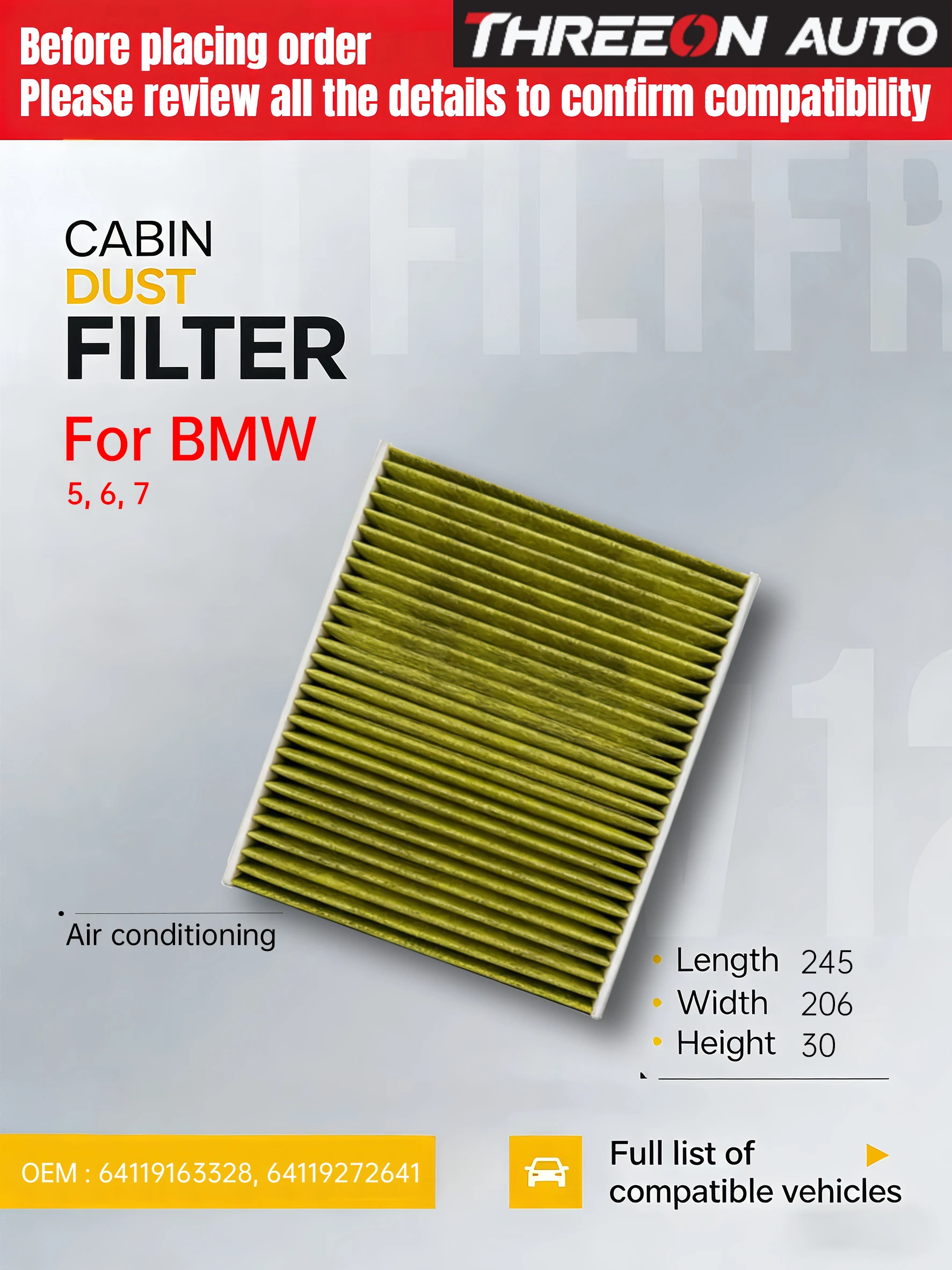 For BMW 5 (F07 F10 F11) 6(F12 F13 F06) 7(F01 F02 F03 F04) THREEON Activated Carbon Cabin Air Filter MK8020 64119272642 CF11220