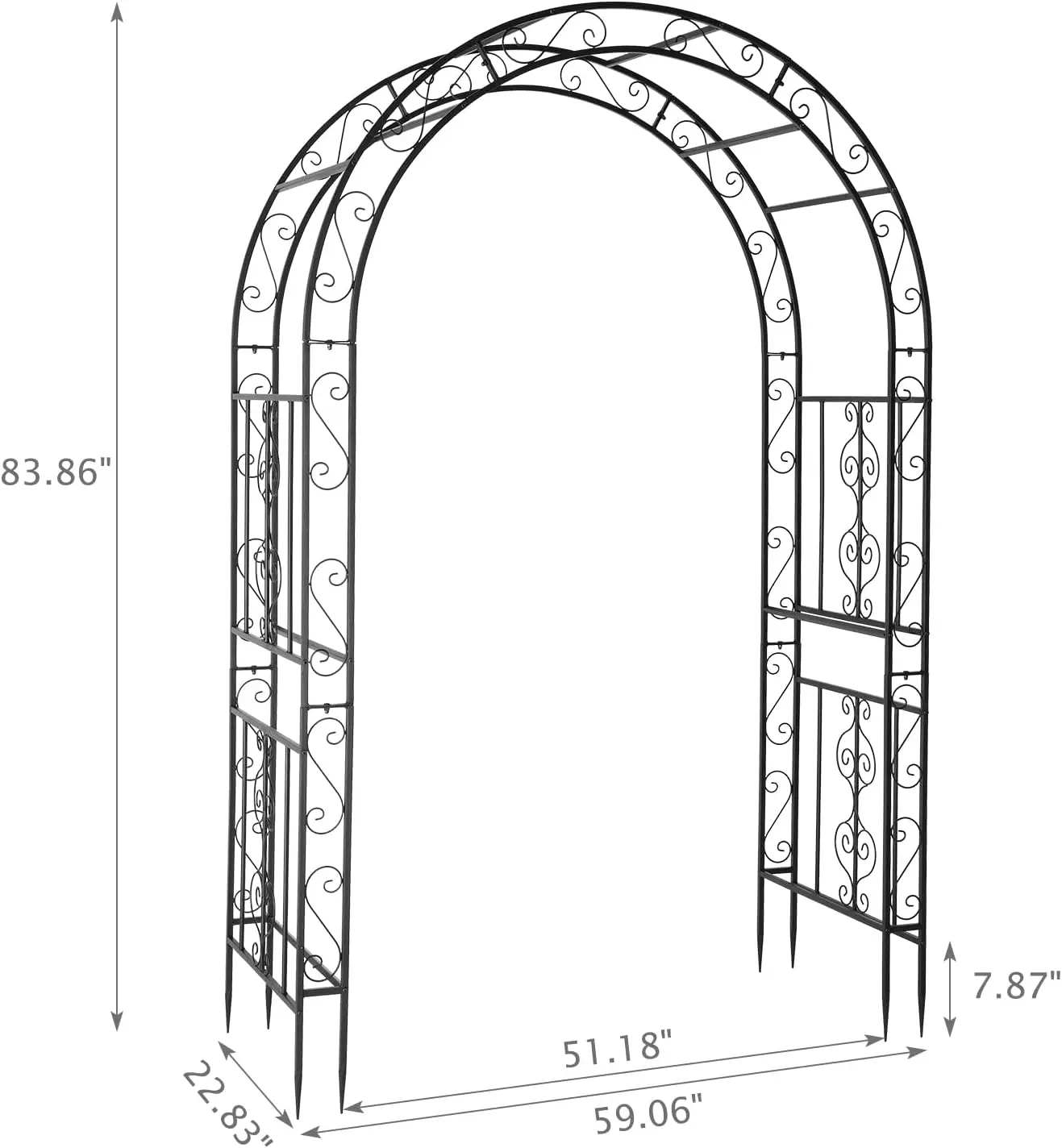 7FT Garden Arch Arbor, Heavy Duty Metal Arbour Archway, Decorative Frame Stand Trellis with 7 Inch Ground Stakes Black