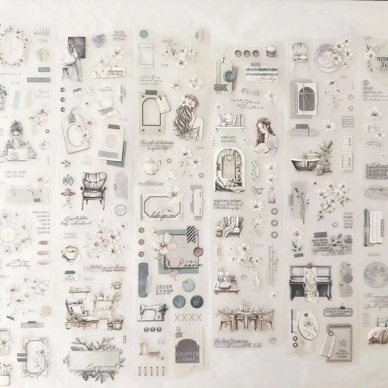 Pagine di diario Nastro in PET Washi per ragazza bianca neutra vintage per realizzare cartoline Adesivo decorativo fai-da-te