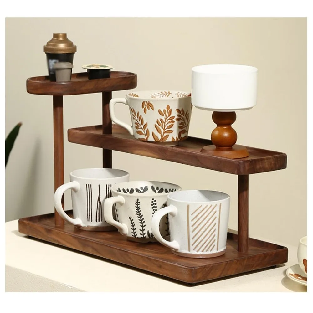 Wood Coffee Mug Holder Countertop Mug Display Rack 3 Tier Shelf brown