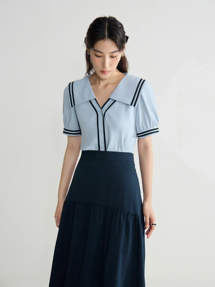 DUSHU Women Contrast Color College Commuting Versatile Summer Shirt 2024 New Navy Collar Puff Sleeve Female Top 24DS82563