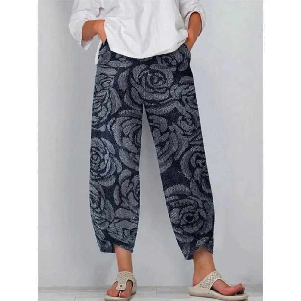 Vintage-Haremshose mit Rosenmuster, kurz geschnitten, lockere Tulpenform, knöchellang, lässige Hose für Zuhause, Loungewear, Urlaub – Detail 3