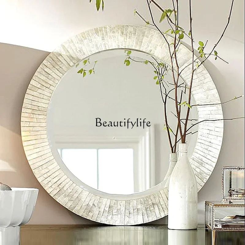 Light luxury shell bathroom light mirror round entrance makeup mirror living room wall decoration