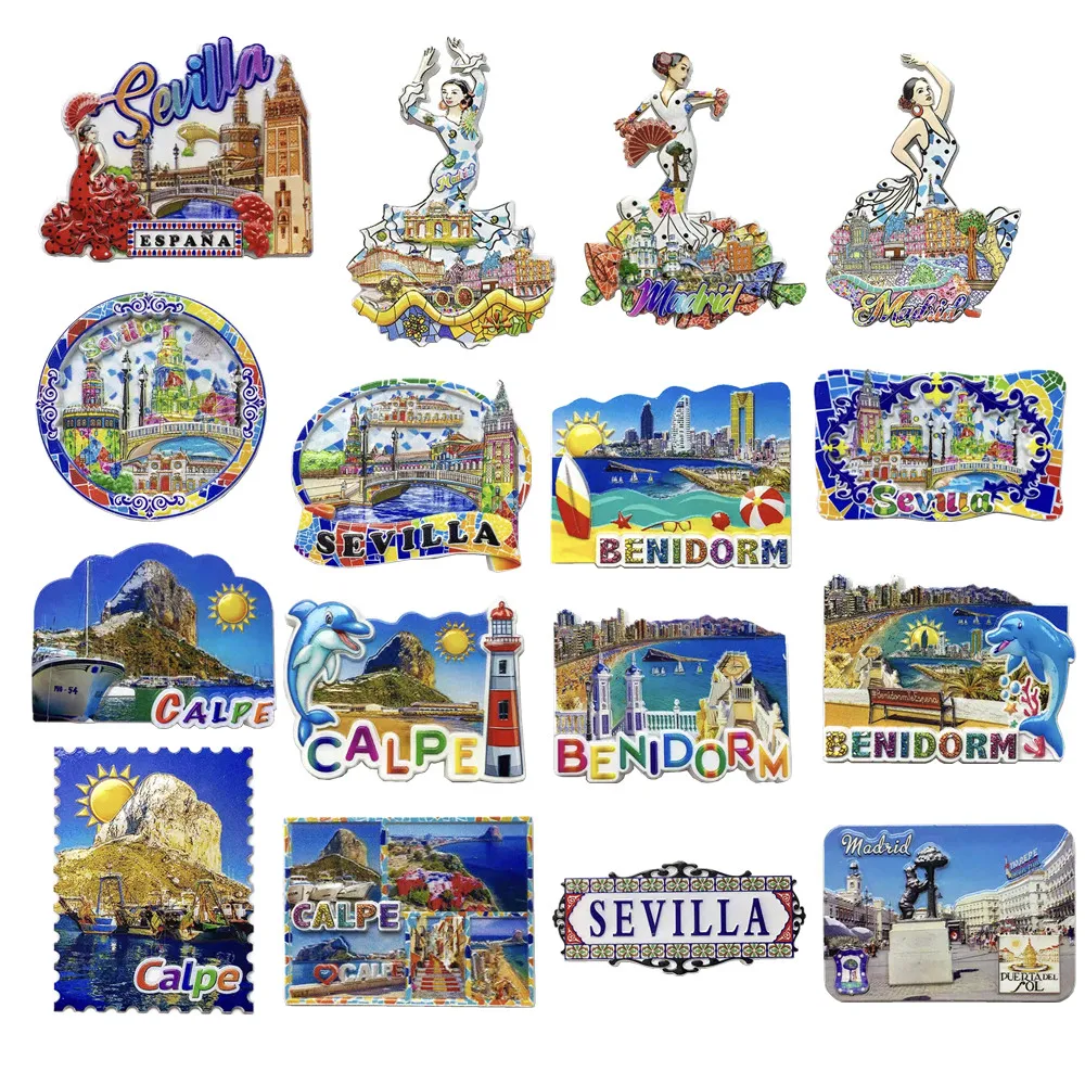 Europa España Benidorm Madrid Calpe Sevilla imanes de nevera 3D artículos de decoración de recuerdo turístico refrigerador magnético