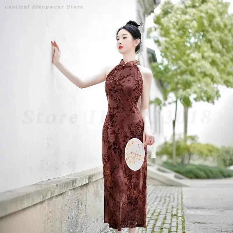 

Lady Vintage Plus Size 3XL Cheongsam Sexy Slim Qipao Print Flower Mandarin Collar Chinese Style Party Prom Dress Long Vestidos