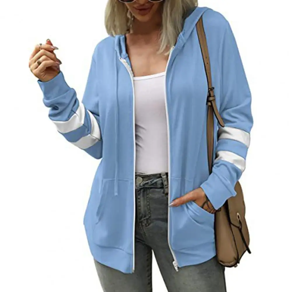 Drawstring Long Sleeves Pockets Zipper Closure Sweatshirt Jacket Spring Autumn Patchwork Color Women Hoodie Coat Women Clothing