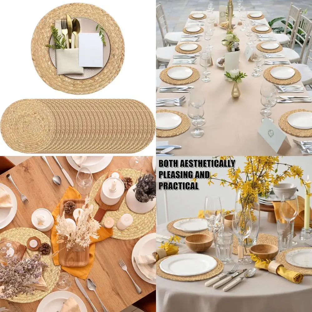 

24-Pack 12 Natural Water Hyacinth Woven Placemats, Handcrafted Boho Rattan Table Mats for Home Dining & Holiday Use