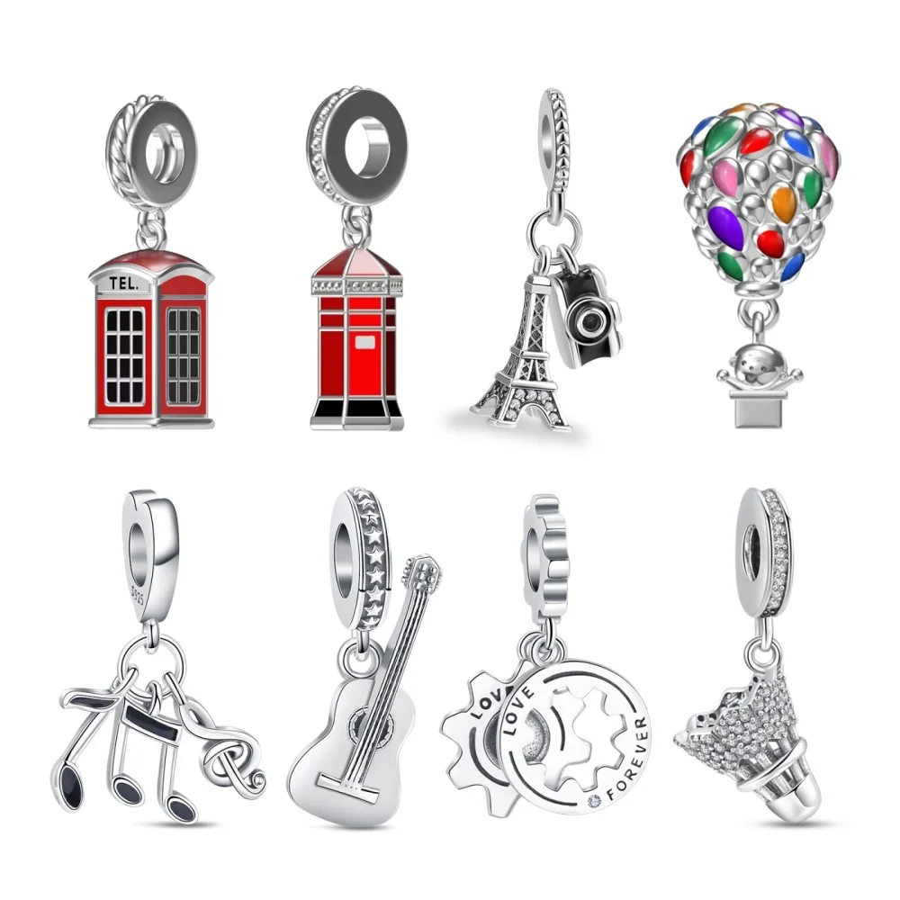 925 Sterling Silver Original Steel Tower Phone Booth Pendant Bead DIY Charms Bracelet Accessories Women Surprise Jewelry Gift