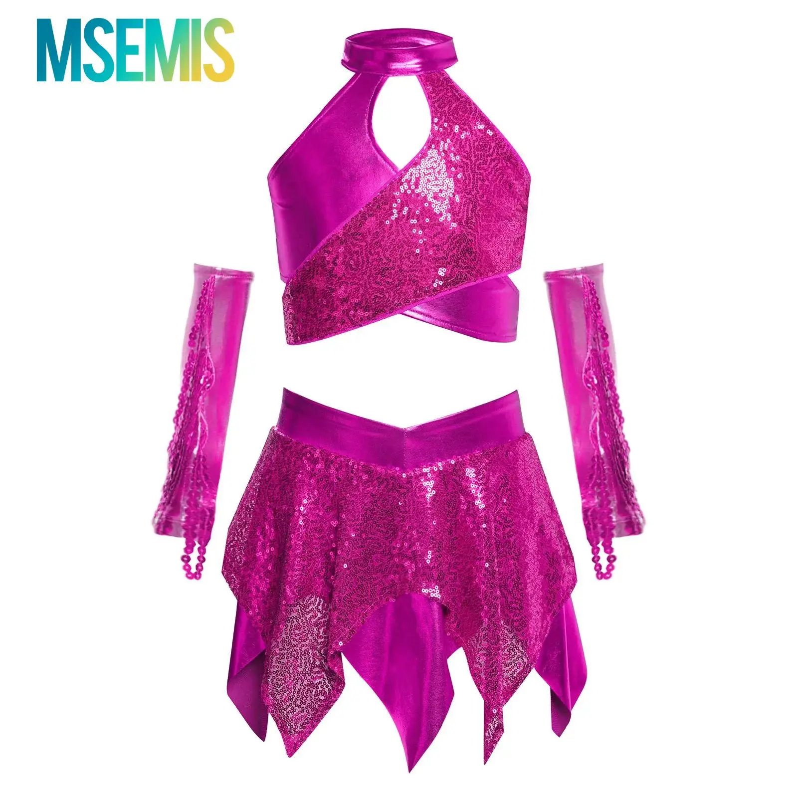 Kids Girls Jazz Dance Performance Costume Sparkly Sequins Metallic Crop Top with Asymmetric Skirt and Sequined Tassels Gloves