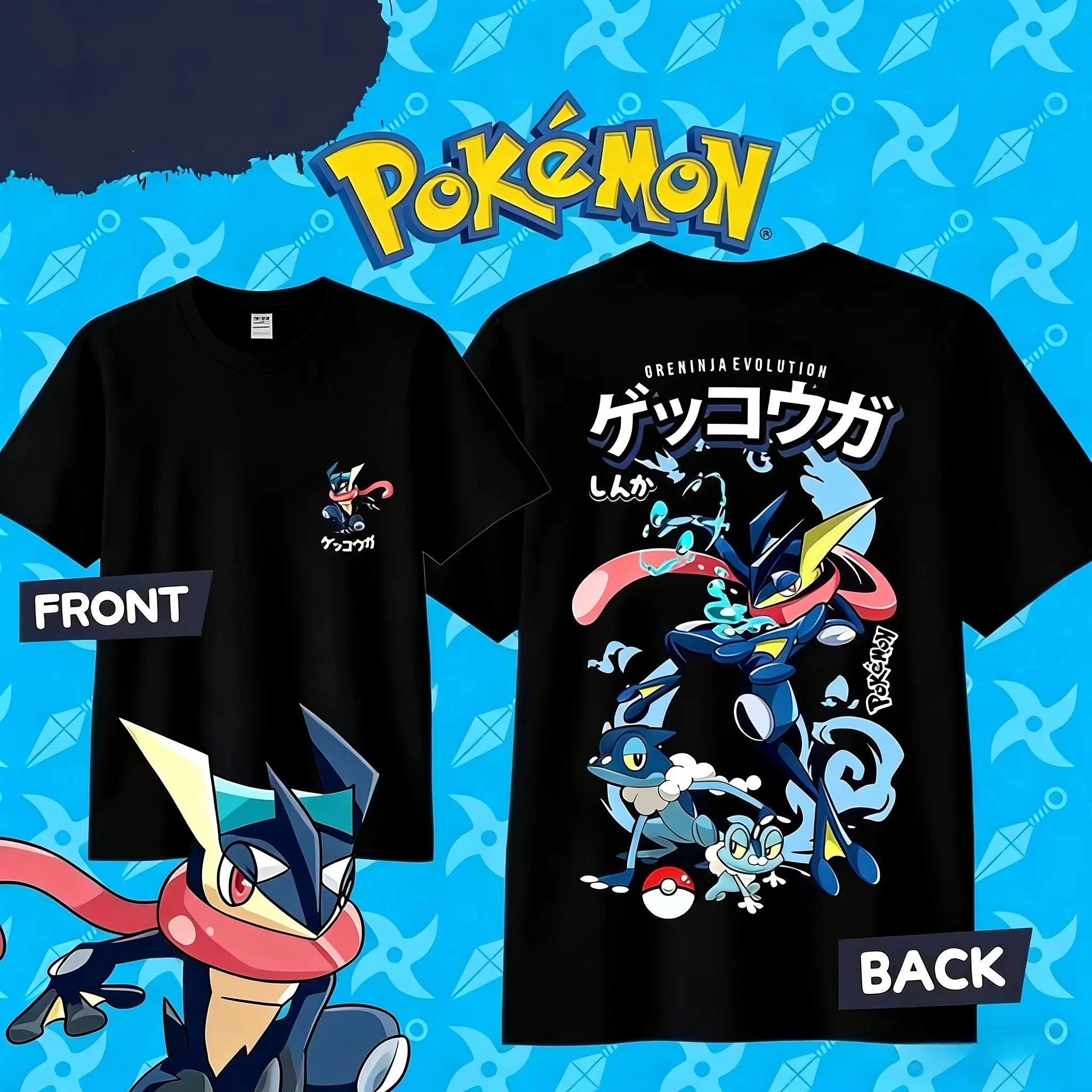 2026 Sommer Anime Pokémon Greninja Cartoon Baumwoll-T-Shirt für Kinder, Herren und Damen – Modisches Kurzarm-T-Shirt für Eltern und Kinder – Detail 8