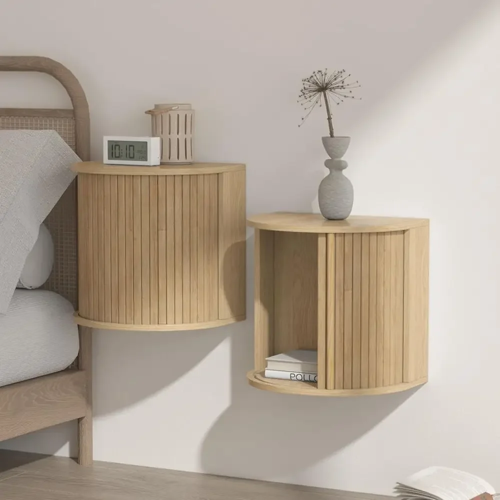 

Curved Floating Nightstands with Sliding Door, Space-Efficient for Small Bedrooms