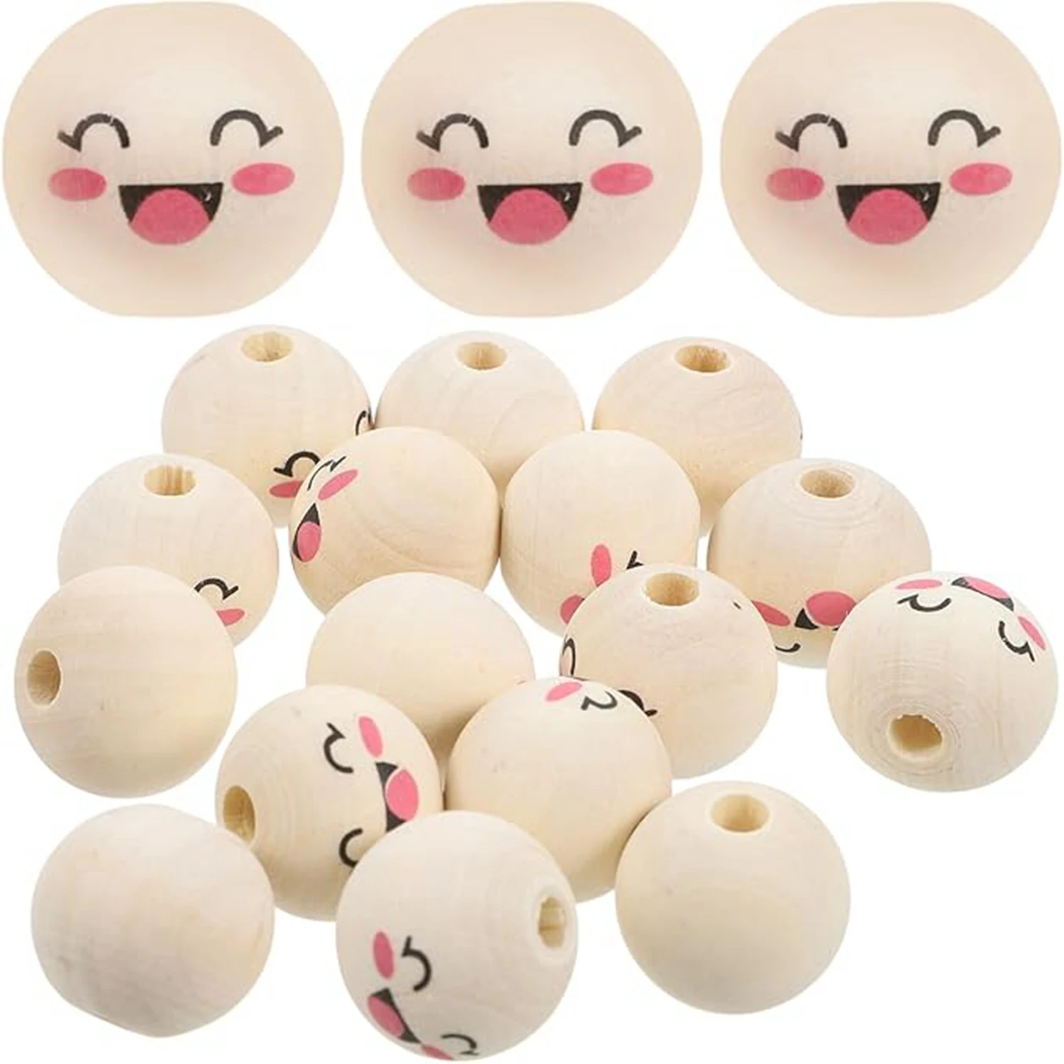 30pcs Wooden Beads with Face, Craft Beads with Holes, 20mm Smile Face Wood Beads for Christmas Tree Wreath DIY Key Chain Craft