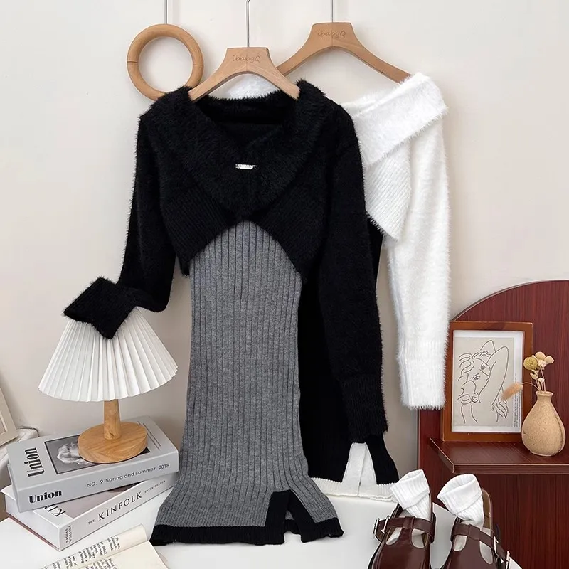 

2025 Spring Y2k Two Peices Set Sexy Elegant Long Sleeve Sweater Pullovers + Women Knitted Sexy Mini Dresses Female Cute Vestido
