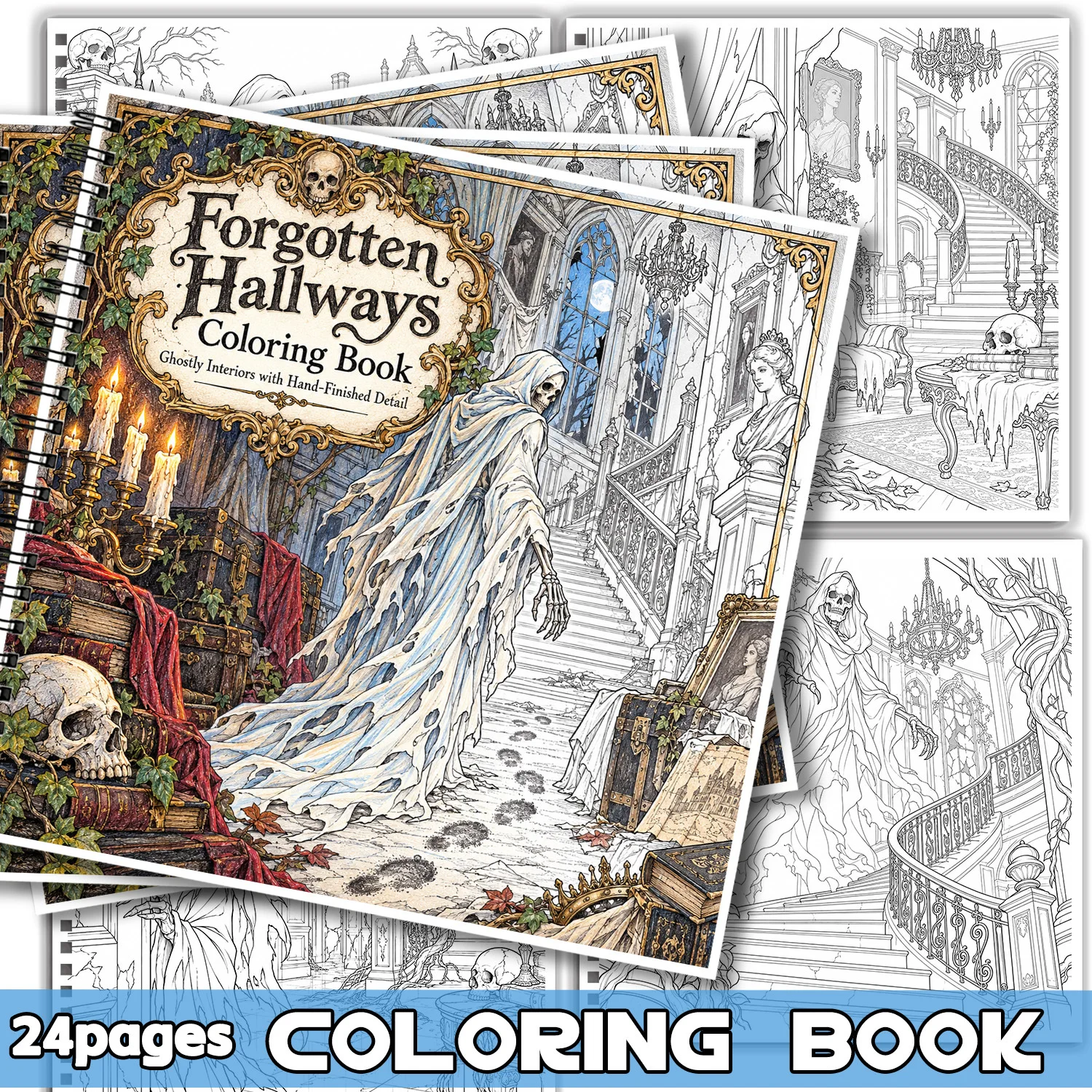Coloring Book Forgotten Hallways Ghostly Interiors 24 Pages Spiral Bound Showcasing Creativity Relieving Stress For Adults Teens