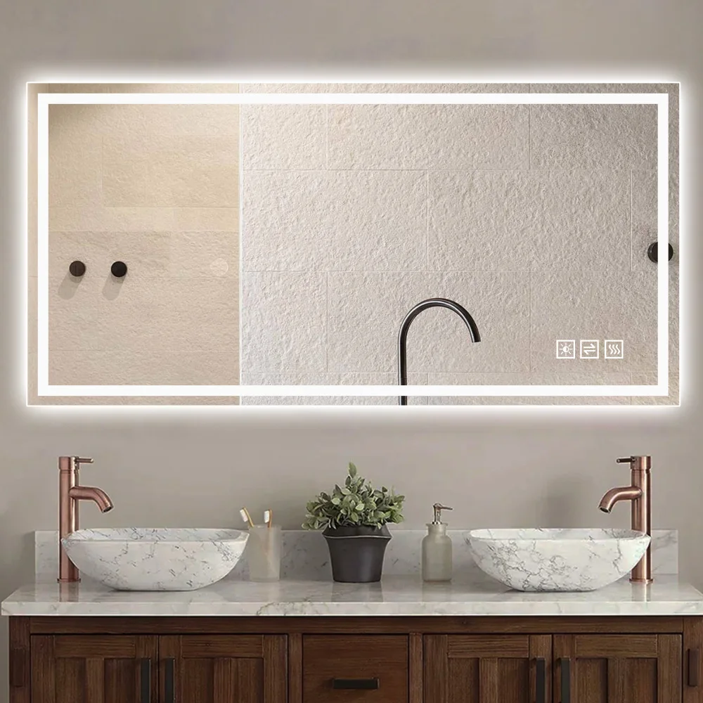 Orraves 48 in. X 24 in. LED Bathroom Vanity Wall Mirror with Straight-Edge Design, Frosted Glass Finish, Anti-Fog, Dimmable 3 Color Lighting, Copper-Free Silver Glass