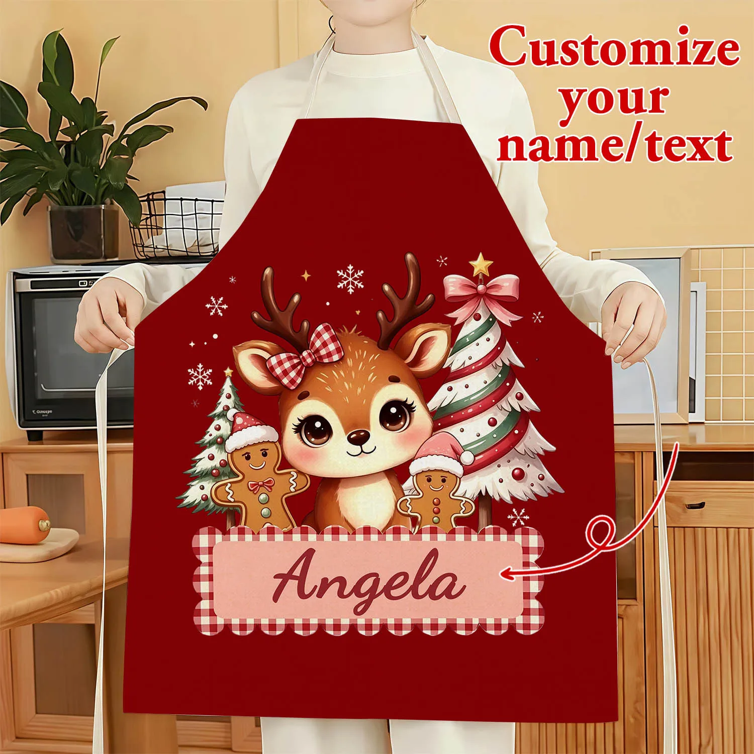 1PC Personalized Christmas Apron Custom Name Text Watercolor Reindeer Gingerbread Xmas Tree Print Cooking Baking Kitchen Gift